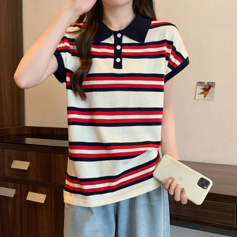 

Striped Polo-Neck Buttons Short Sleeve T-Shirts Female Summer New Loose Oversized All-match Patchwork Top Tee Women Clothes Tops