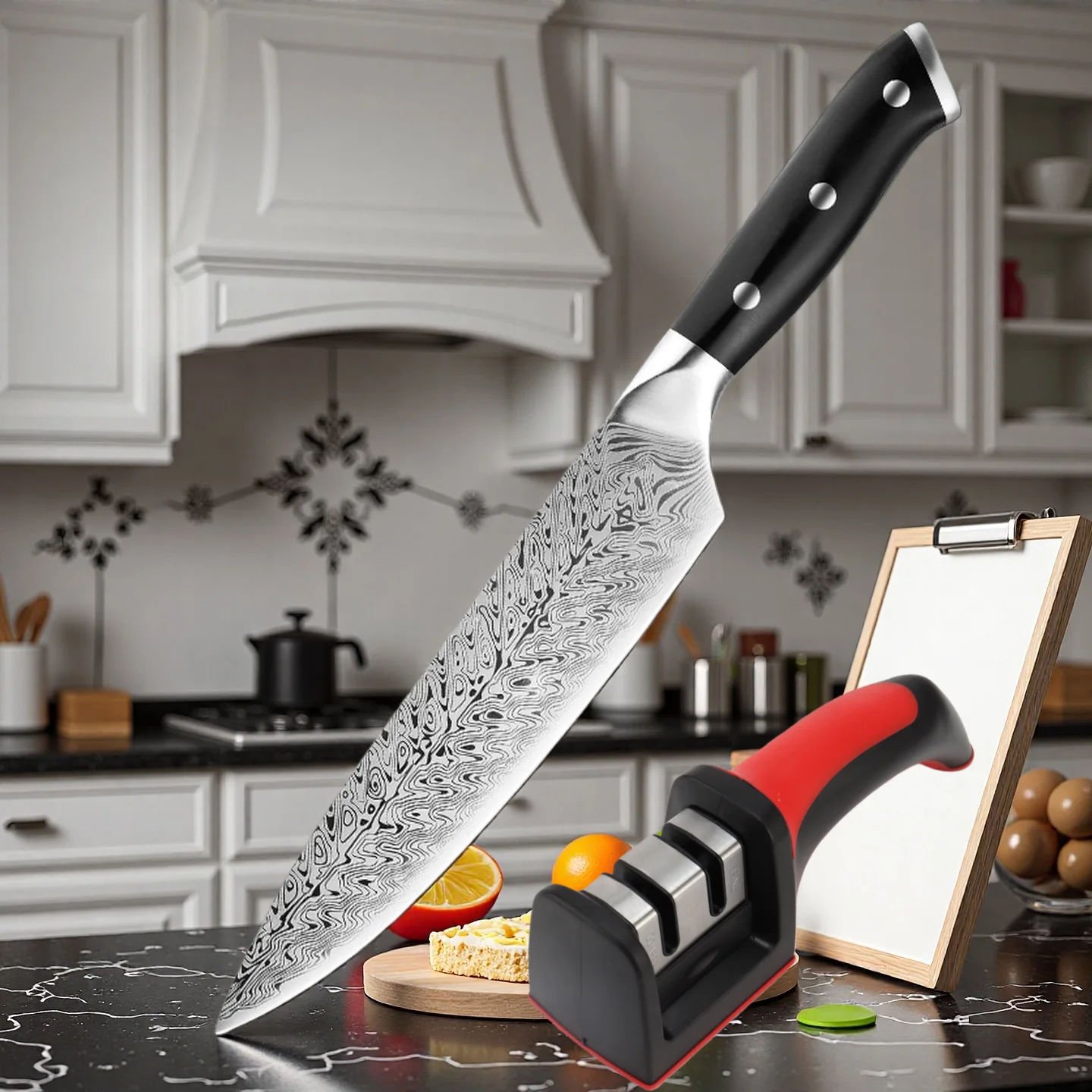 8-inch Chef's Knife With Laser-pattern Blade Is Used For Cutting Meat Vegetables And Other Foods. Stainless Steel Plastic Handle