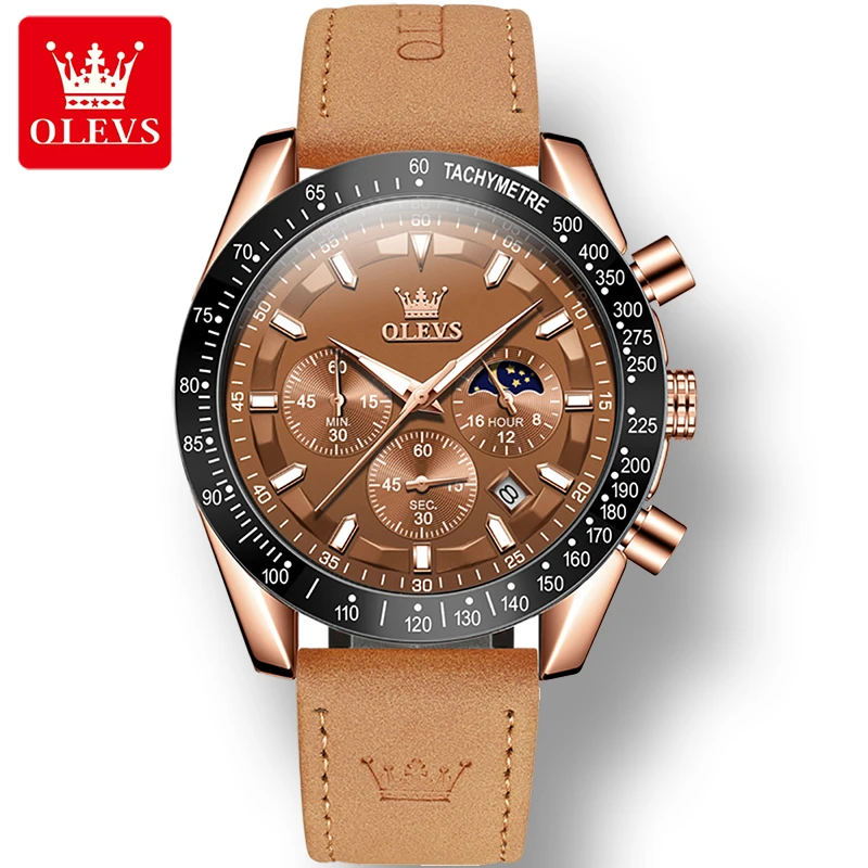 OLEVS 9957 Sport Quartz Watch Gift Genuine Leather Watchband Round-dial Wristwatch Chronograph Calendar Luminous Small second