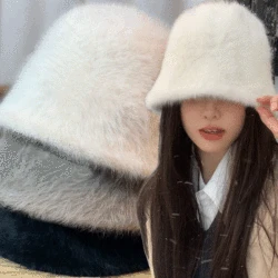 Rabbit Fur Bucket Hat Plush Bucket Hat Soft Warm dla kobiet Winter White Black Knitted Fisherman Hat Soft Warm Girls Basin Hats