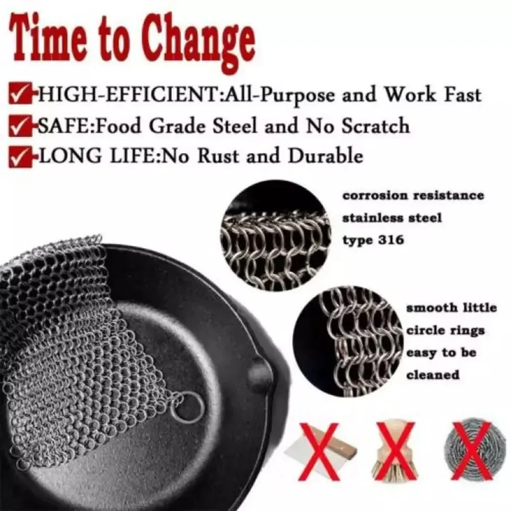 Stainless Steel Cast Iron Cleaner Chain Mail Scrubber Brush Pan Net Home Cookware Kitchen Tool Clean Accessories 10x10 Cm