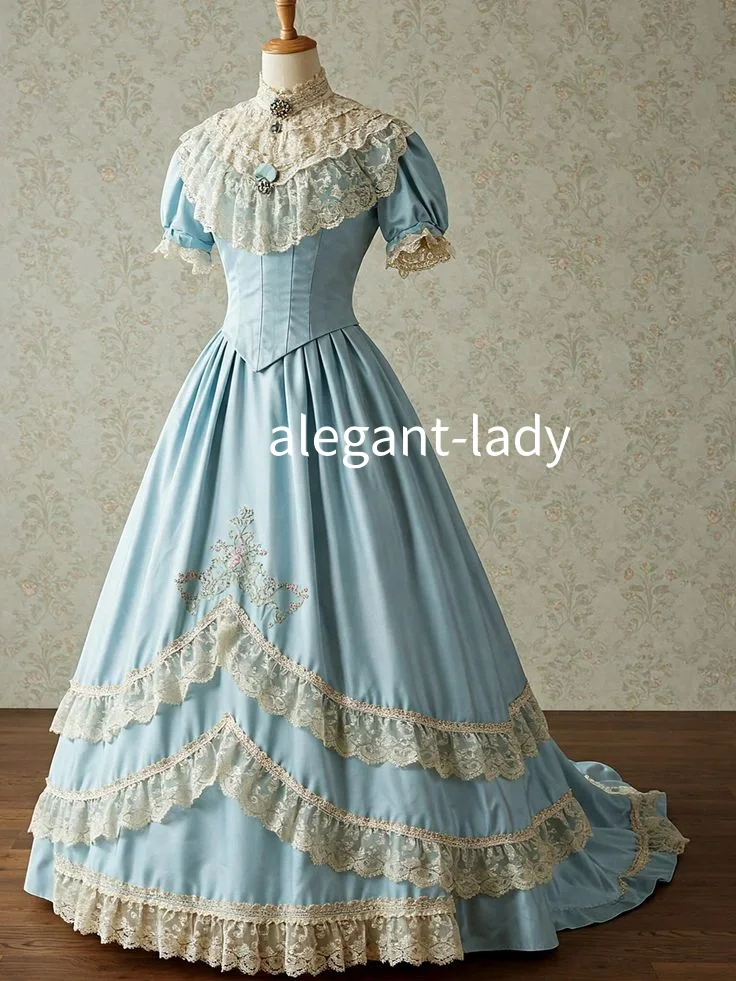 

Historical Medieval Evening Dresses High Neck Lace Corset Tie A-Line Long Vintage Blue Victorian Women's Party Dress Customized