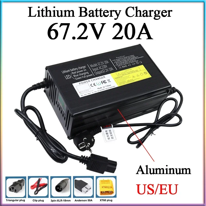 

67.2V 20A Lithium Battery Charger LCD Display 110V/220V For 16S 60V 50Ah High Power E-Motorcycle Scooter Fast charging With fan