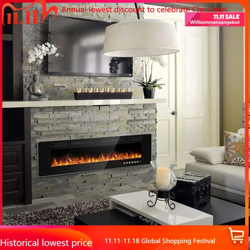 72 inch Ultra-Thin Silence Linear Electric Fireplace, Recessed Wall Mounted Fireplace, Fit for 2 x 4 and 2 x 6 Stud, 12 A