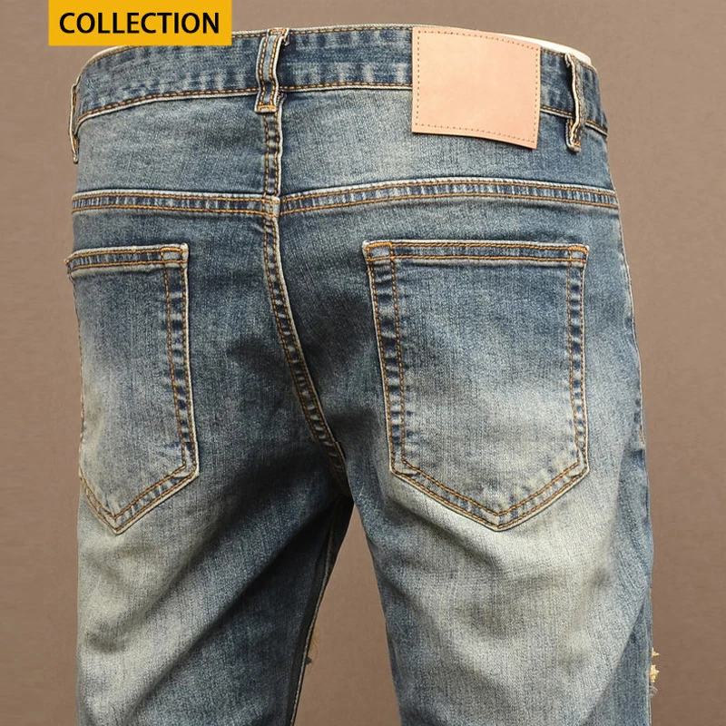 

Fashionable new men's jeans, scratch washed, perforated, patched, washed, nostalgic, elastic, slim fit, retro blue jeans, design