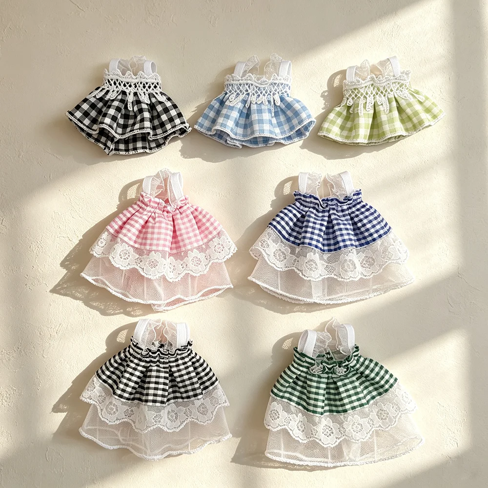 Gingham Lace Strap Doll Dress Mini Plush Toy Outfit Sweet Checkered Lace Skirt Stuffed Doll Replaceable Clothes Accessories Gift
