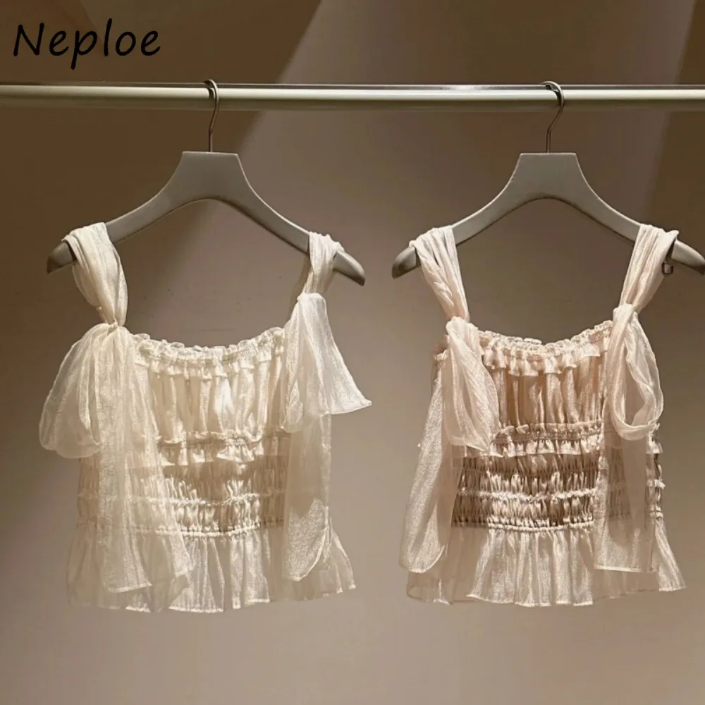 Neploe เสื้อเชิ๊ตแขนกุดคอเหลี่ยมสำหรับฤดูร้อนใหม่เสื้อเบลาส์ผูกโบว์แบบลำลองเข้าได้กับทุกชุดเสื้อสายคล้องคอจากญี่ปุ่น