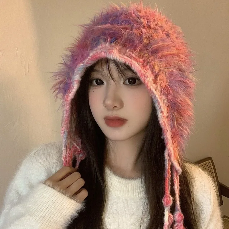 Winter Gradual Change of Color Fringed Pullover Knitted Hat Women's Outdoor Warmth Versatile Ear Protection Fashion Bomber Hats