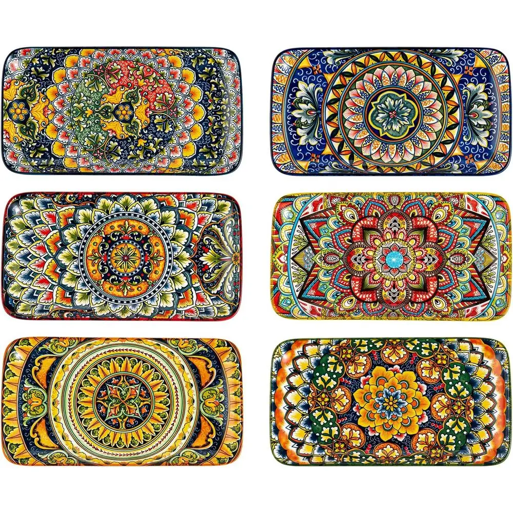 

Porcelain 10 Inch Dinner Plates, Ceramic Rectangular Salad Plate Set of 6, Bohemian Serving Dishes for Sushi, Pasta, Appetizer,