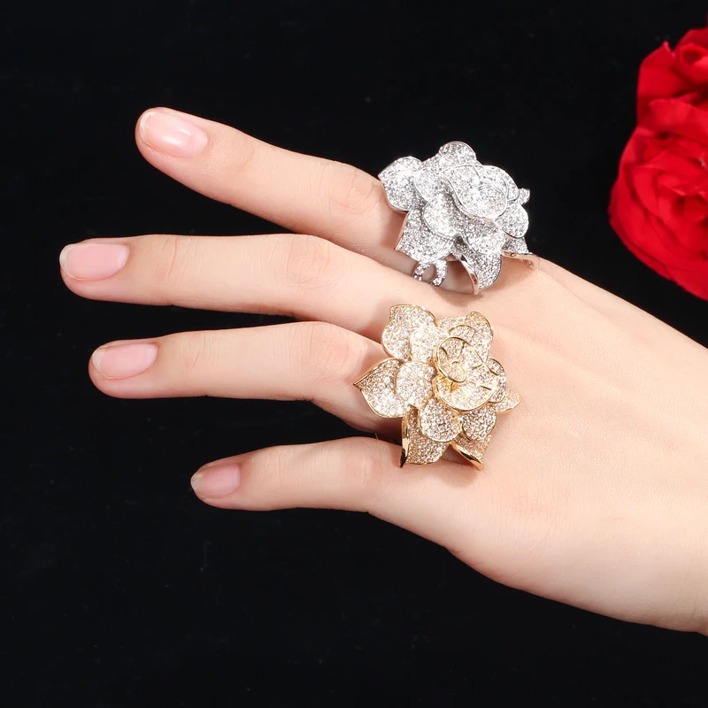 Pera Luxury Big Statement Leaf Cluster Shape for Women Wedding CZ Stone Yellow Gold Color Bridal Finger Rings Jewelry Gift R091
