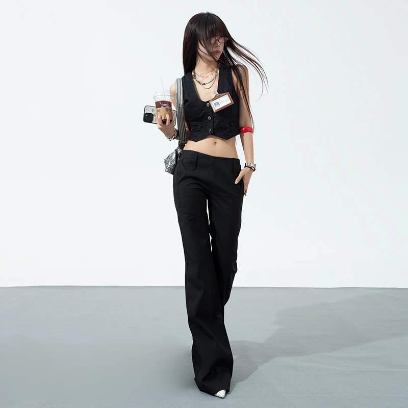 Trendy Low Waist Flare Pants Women Work Pants New Pocket Slim-Fit Casual Pants Female 80s Black Pants