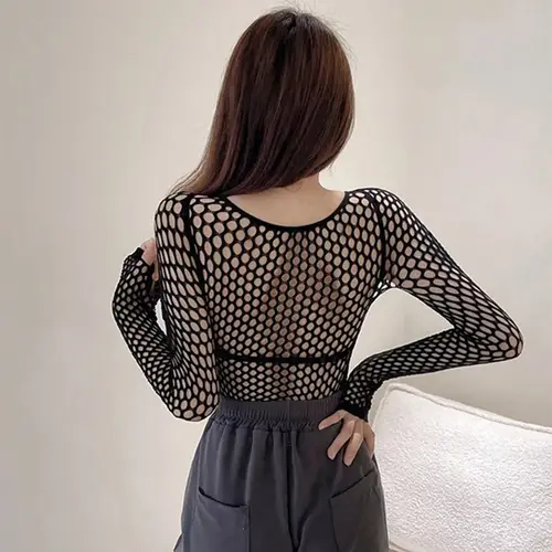 Womens Sexy Mesh Long Sleeve Fishnets Tops Fun Fashion Slim Fit Tops  Hollow Out See Through Loose Female T-shirts Crop soft Top - Image 2
