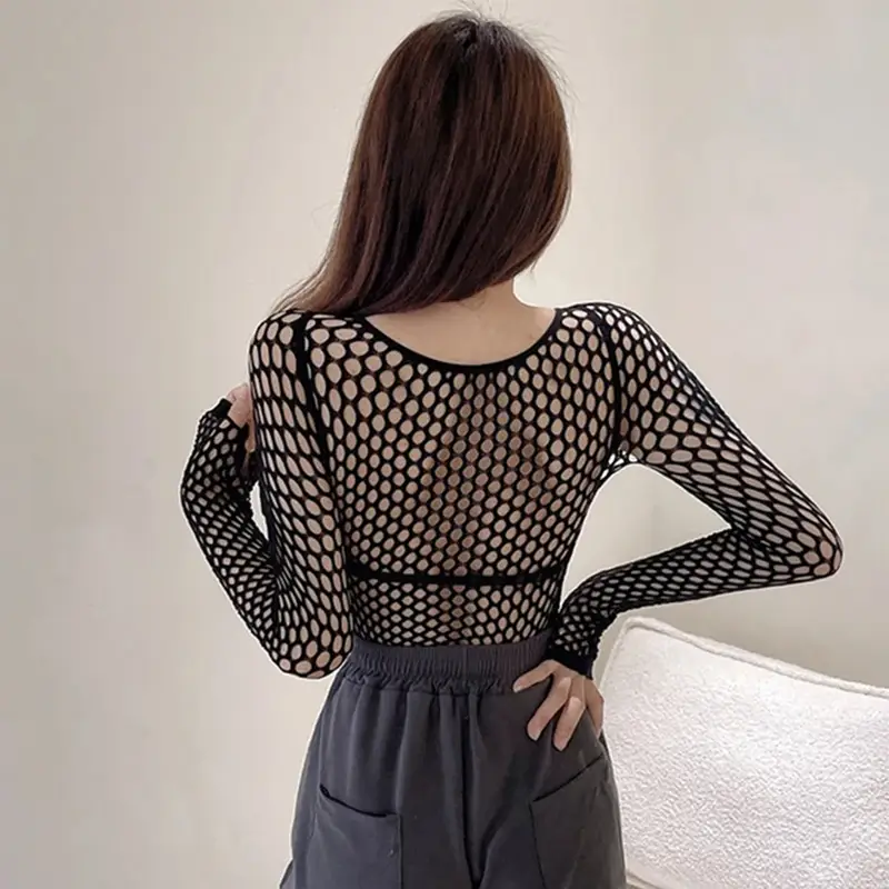 Womens Sexy Mesh Long Sleeve Fishnets Tops Fun Fashion Slim Fit Tops  Hollow Out See Through Loose Female T-shirts Crop soft Top - Image 2