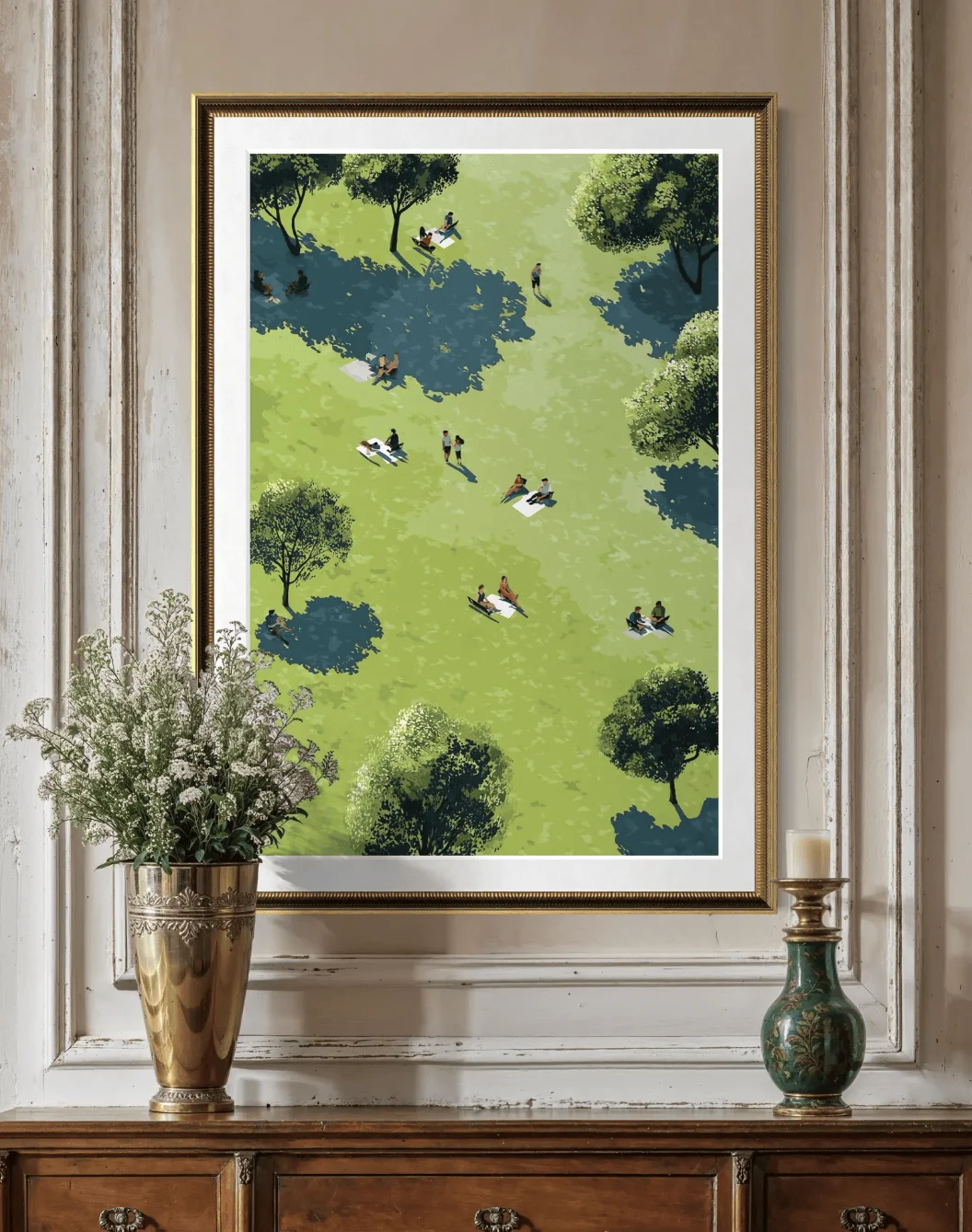 Top View Green Park Canvas Prints Posters Decor, Summer Lawn Picnic Illustration Wall Art for Living Room Bedroom Cafe Study