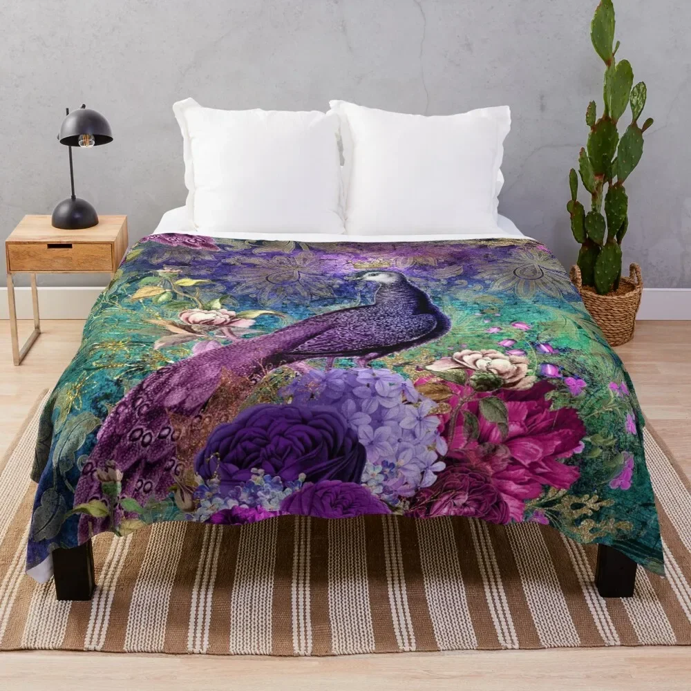

Elegant Vintage Purple Teal Peacocks Throw Blanket heavy to sleep warm for winter Blankets