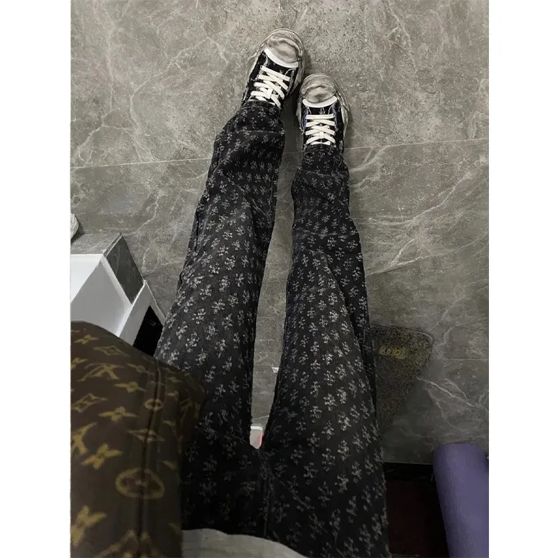 

Bla Floral Print Denim Jeans Men's American Retro High Street Design Slimming Micro Flared Pants Youth Trendy Cotton 00%