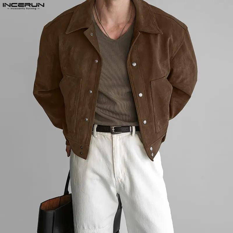 INCERUN الرجال السترات الصلبة التلبيب كم طويل زر الذكور معاطف الشارع الشهير جيوب ربيع الخريف موضة ملابس خارجية غير رسمية جاكيتات