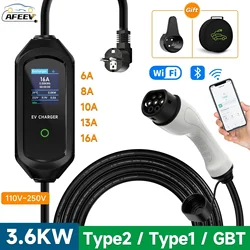 AFEEV 3.6KW 16A Carregador EV portátil Type2 IEC62196-2 EVSE Cabo de carregamento rápido Type1 SAE J1772 Carregador de carro elétrico GB/T Wallbox