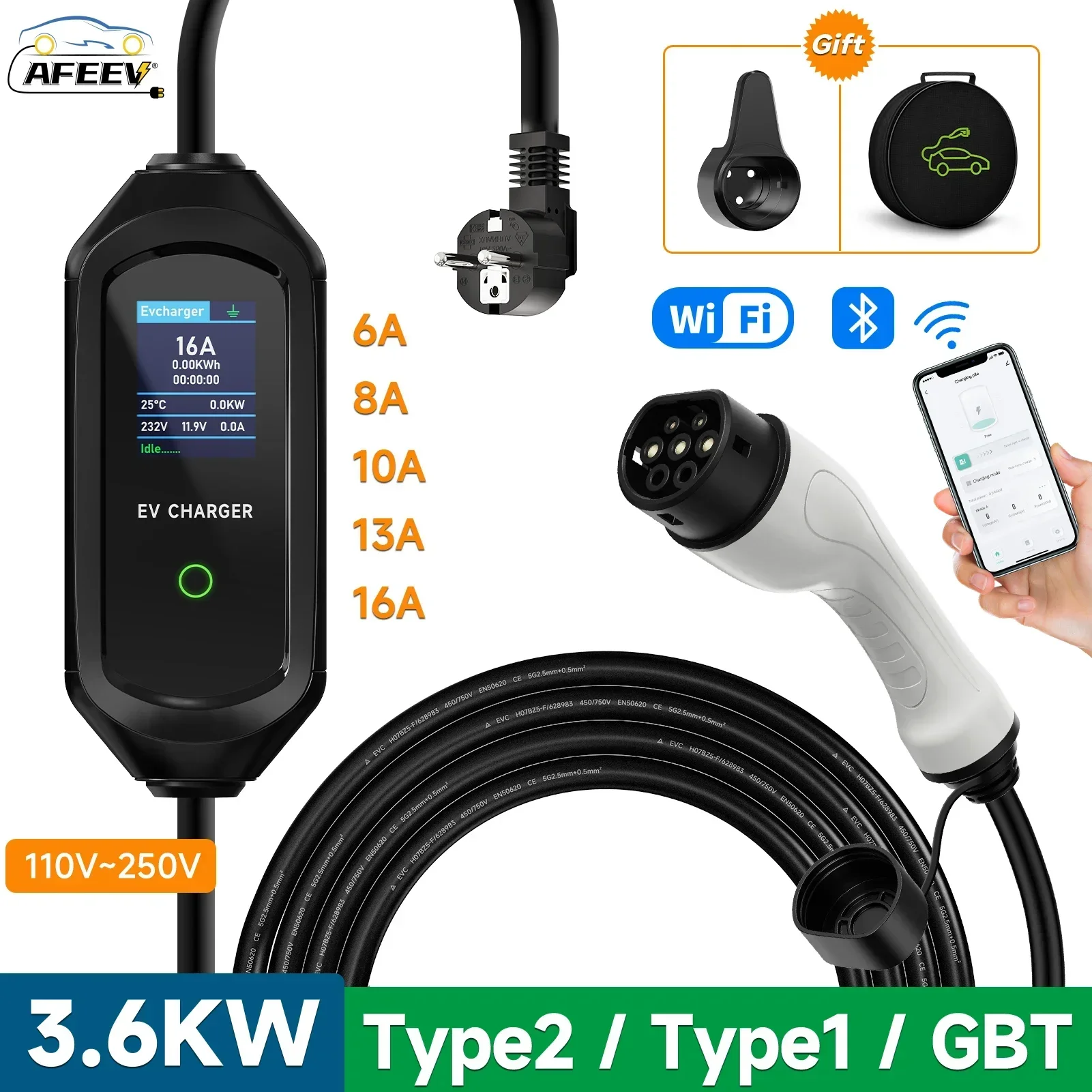 AFEEV 3.6KW 16A Portable EV Charger Type2 IEC62196-2 EVSE Fast Charging Cable Type1 SAE J1772 Electric Car Charger GB/T Wallbox