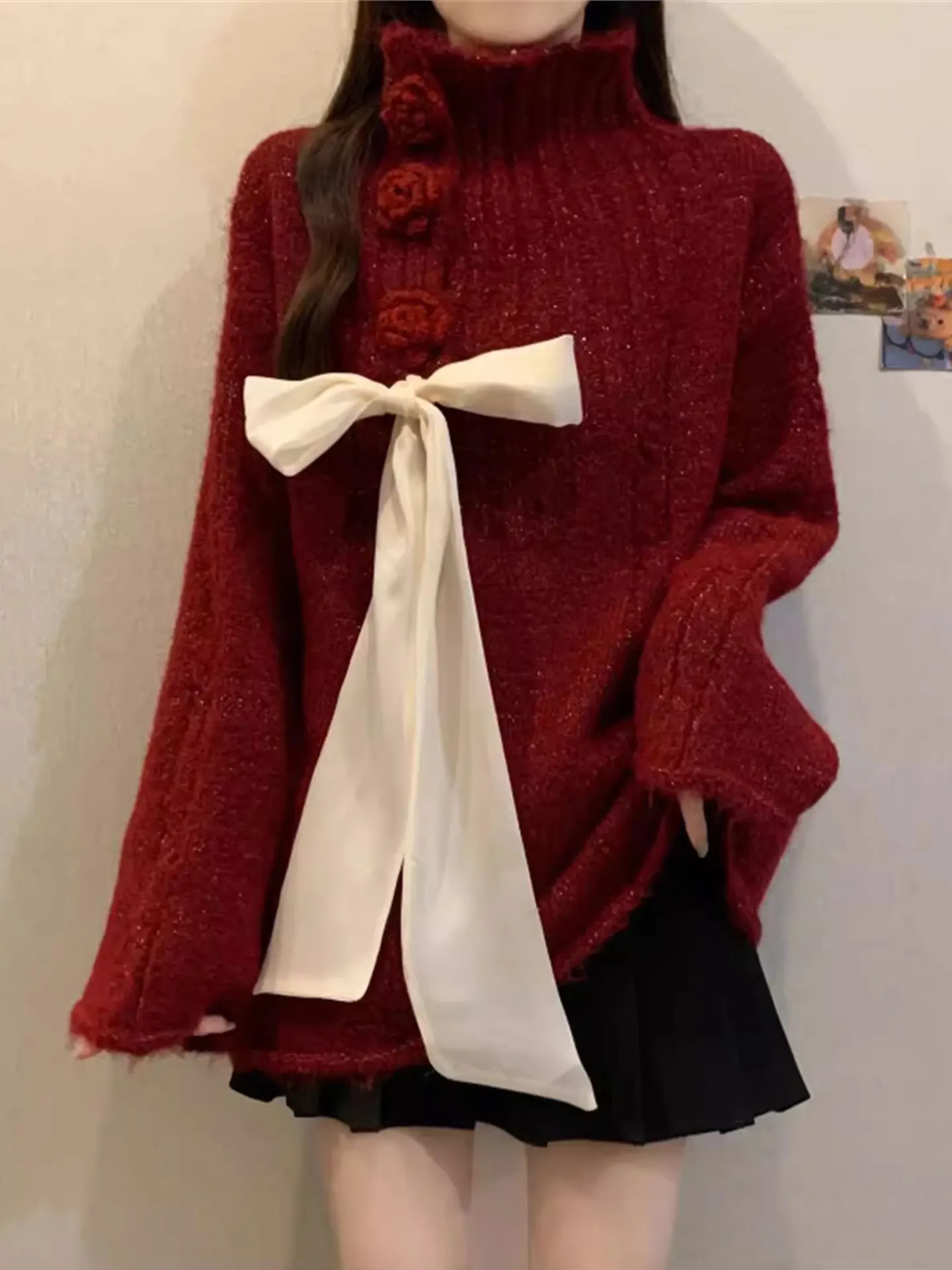 

Винно-красный женский свитер с высоким воротником и длинными рукавами, блестящий, повседневный, свободного кроя, осенне-зимний, модный топ