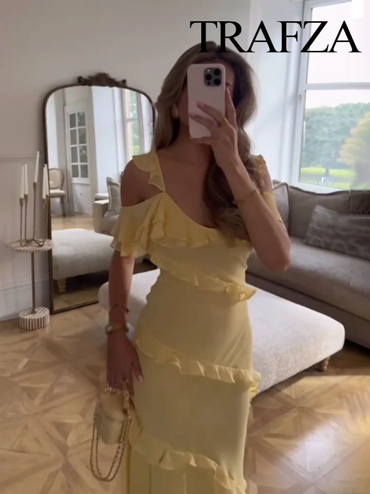 

HH 2025 Female Fashion Sleeveless Dress Yellow Square Collar Backless Tierred Decoration Women Summer Beach Style Long Dress