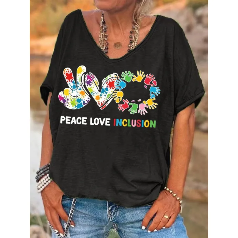 ilstile Women's Hippie Peace Love Inclosion Print T-Shirts Summer Holiday Short Sleeve T Shirt Casual Loose V Neck Tops Tees NEW