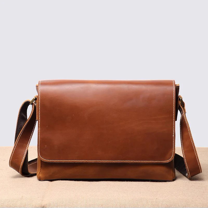 Retro Top Layer Cowhide Leather Men\'s Flap Shoulder Bag Daily Casual Horizontal Crossbody Bag 9.7 Inches Ipad Bag