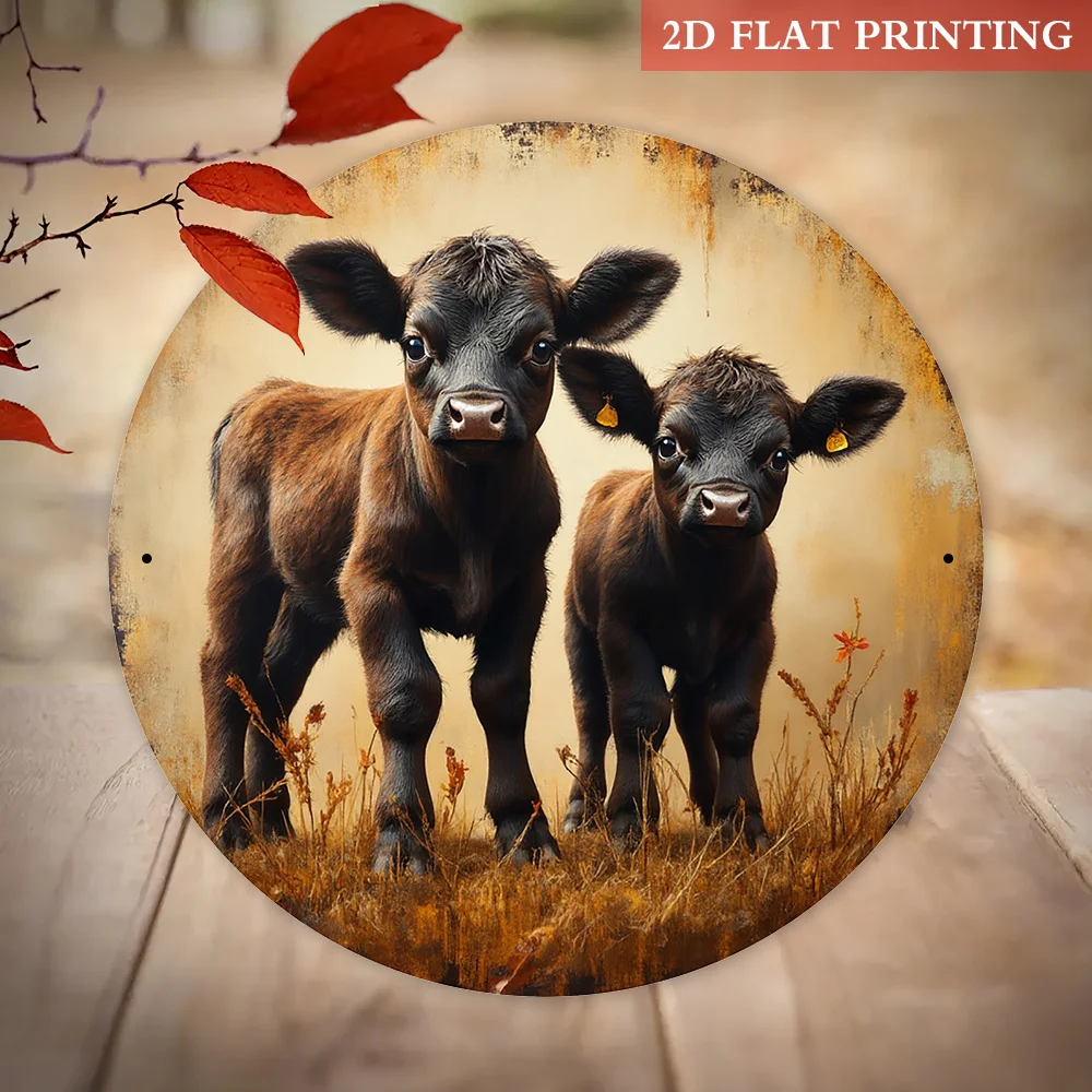 2D Flat, 2D Flat 1pc, Adorable Calves Theme, Round Retro Iron Metal Sign, Rustic Style Decor, Suitable for Home, Farmhouse, Livi