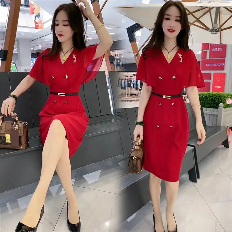 2023 Temperament Fashion Dress Women's Summer New Korean Version Slim Bat Sleeve Panel Mesh Suit Dress Trend