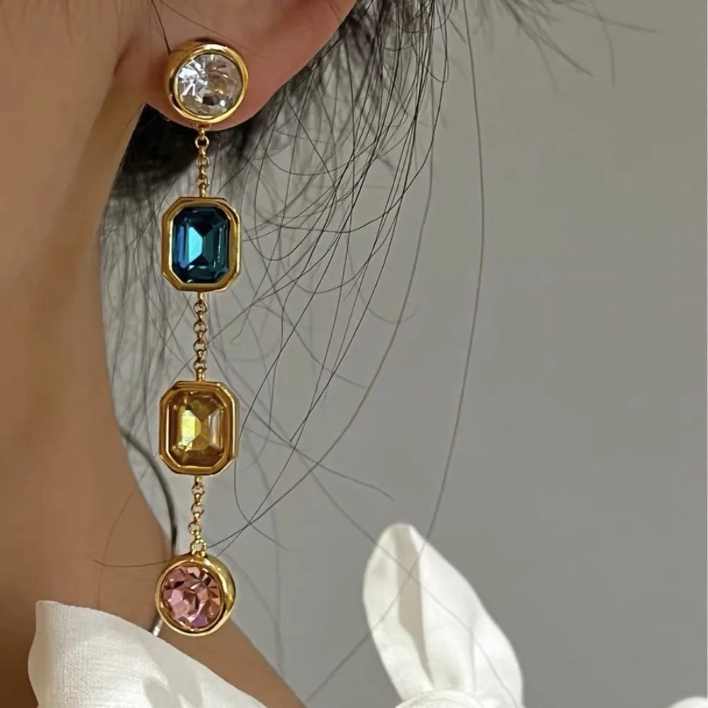 Retro Colored Square Jewel Earrings Fashion Long Multicolored Elegant Jewelry Earrings Crystal Geometric Jewelry Gifts Women