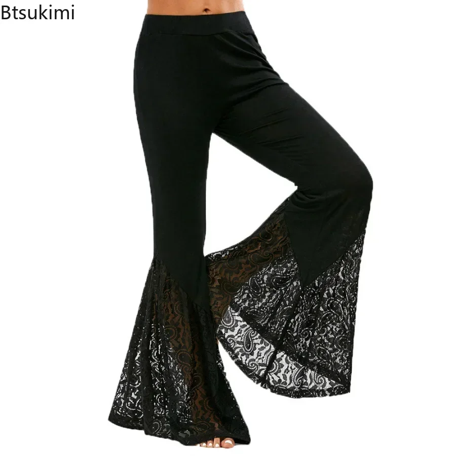 2024 Women\'s Gothic Punk Lace Flare Pants Slim Bandage Side Bellbottoms For Women Black Loose Summer Thin Trousers Long Pants