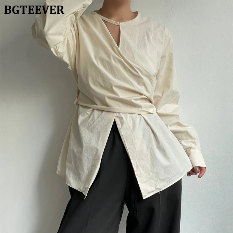 BGTEEVER Chic Stylish Hollow Out Ladies Solid Shirts Blouses Elegant O-neck Long Sleeve Slim Waist Female Split Pullover Blouses 2