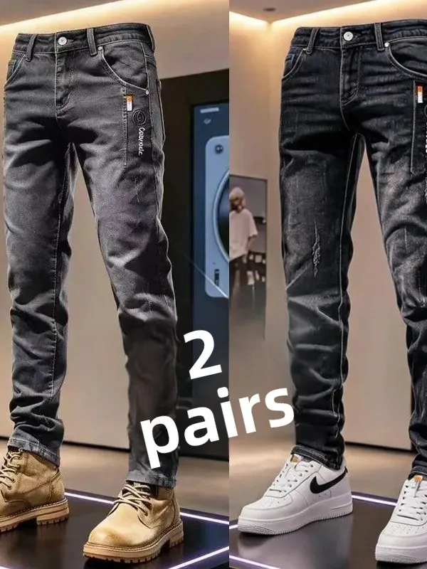 Elastic Embroidered Slim Fit Straight Leg Work Jeans Men's Trendy Casual Patchwork Pressed Flower Men's Pants Spring Autumn