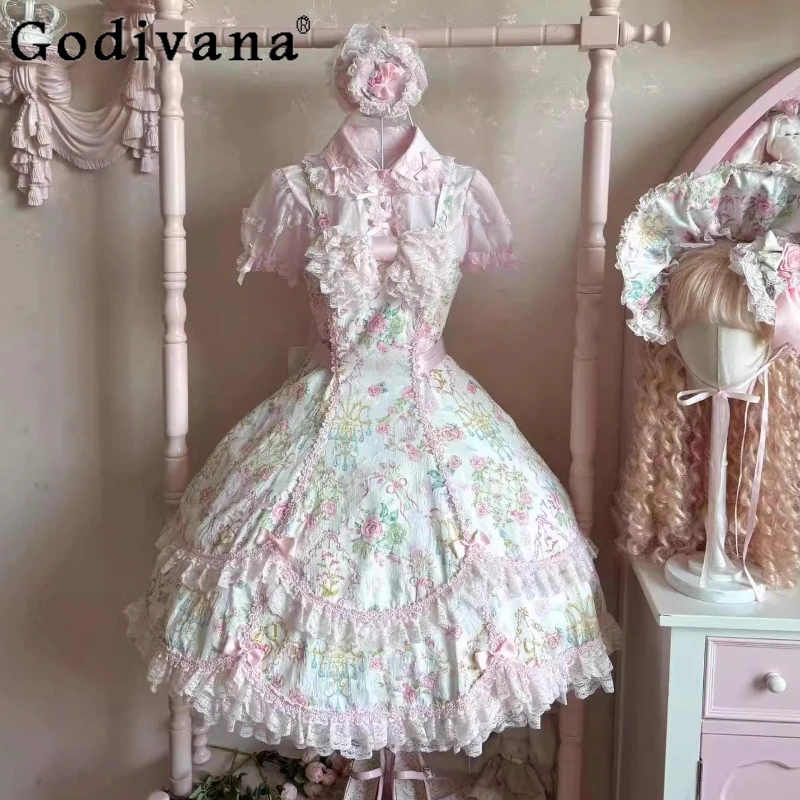 

Sweet Flower Print Lolita Suspender Dress New Summer Japanese Girls Women's Fairy Lace Bow Splicing Slim Princess Jsk Dress