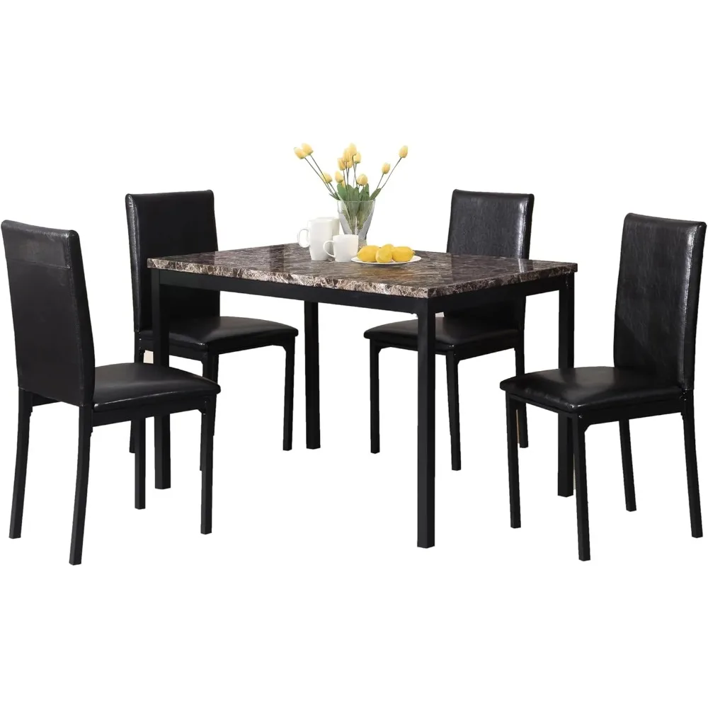 5-piece Metal Dining Table and Chair Set, with Laminated Artificial Marble Countertop, 4-person Black Dining Table Set