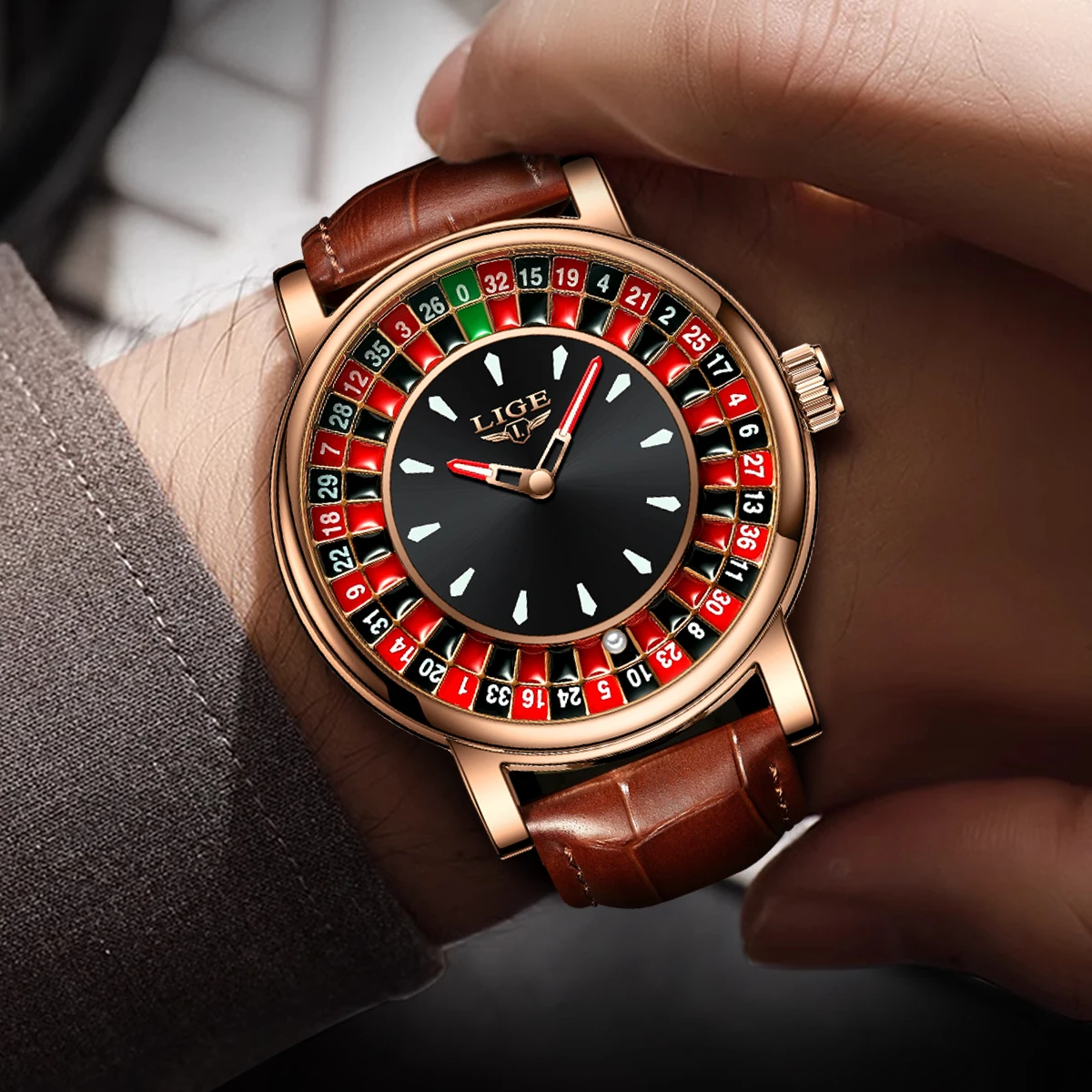 LIGE Orologi al quarzo vintage casual da uomo Cinturino in pelle di moda Tavolo da gioco creativo Roulette Quadrante da gioco Orologio da uomo impermeabile