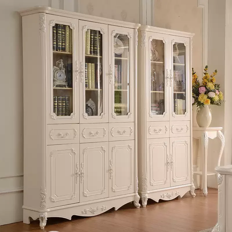 European Style Combination Bookcase, Glass Display Storage Cabinet with Drawers for Home Study Living Room