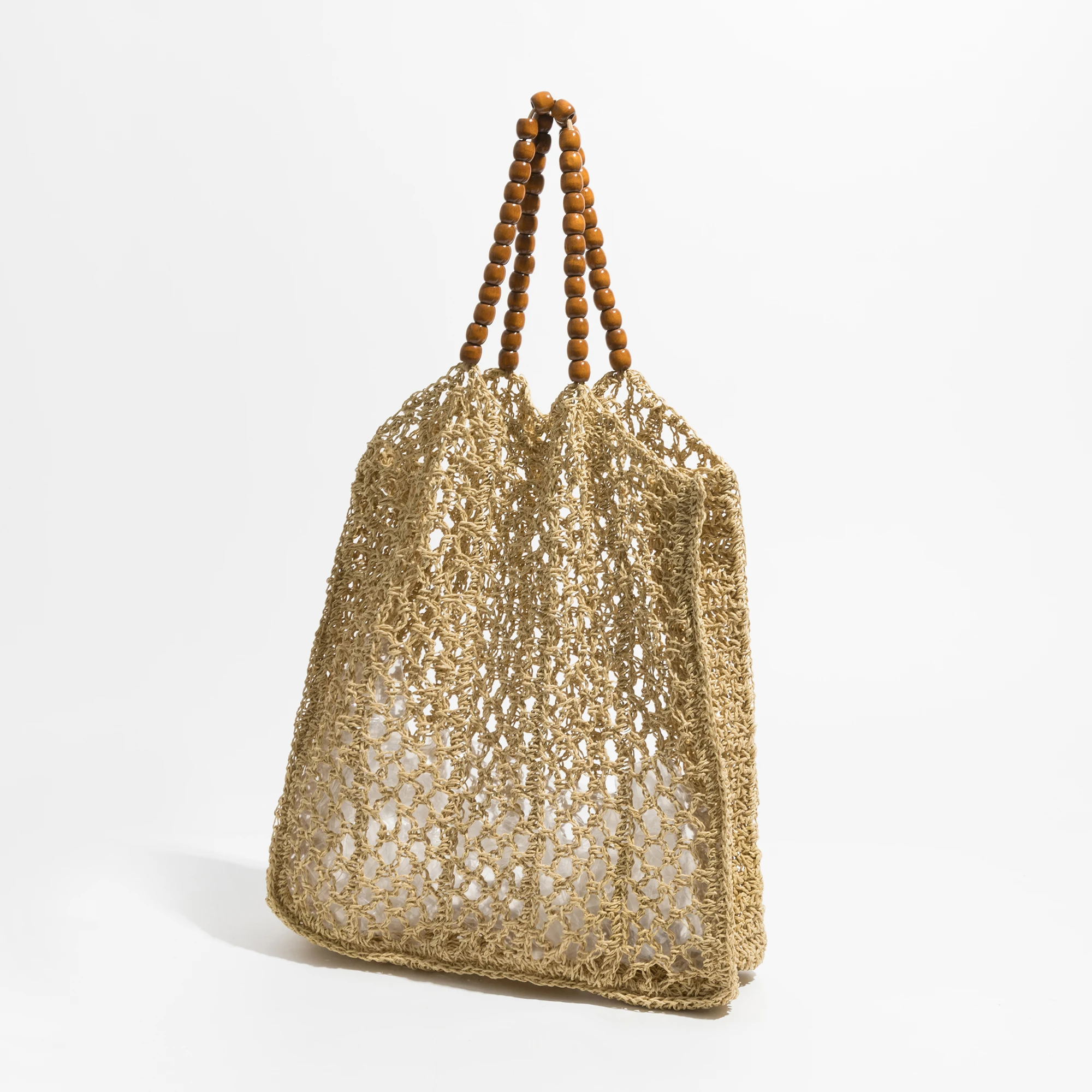 MABULA Beading Handle Straw Mesh Beach Tote Bag Hollow Out Fishing Net Square Shoulder Purse Large Brand Summer Shopper Daypack