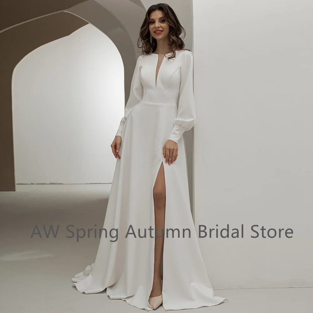 2022 langen Ärmeln Hohe Schlitz Plain Satin Hochzeit Kleid Einfache vestido de noiva Weiß EINE Linie Boot-ausschnitt Open Back brautkleider