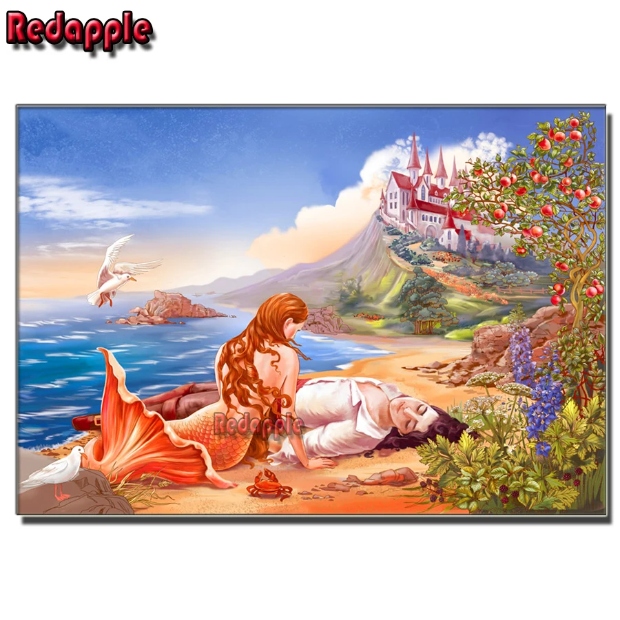 DIY Diamond Mosaic Painting of Mermaid Couple, Castle, Full Square Drill, Fruit Trees, Seasons Rhinestones Embroidery