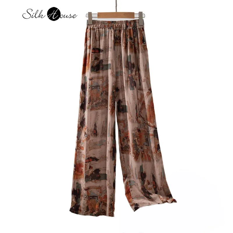 Digital Oil Painting Printing 100% Natural Mulberry Silk Crepe De Chine Pocket Design Elastic Waist Casual Women's Pants