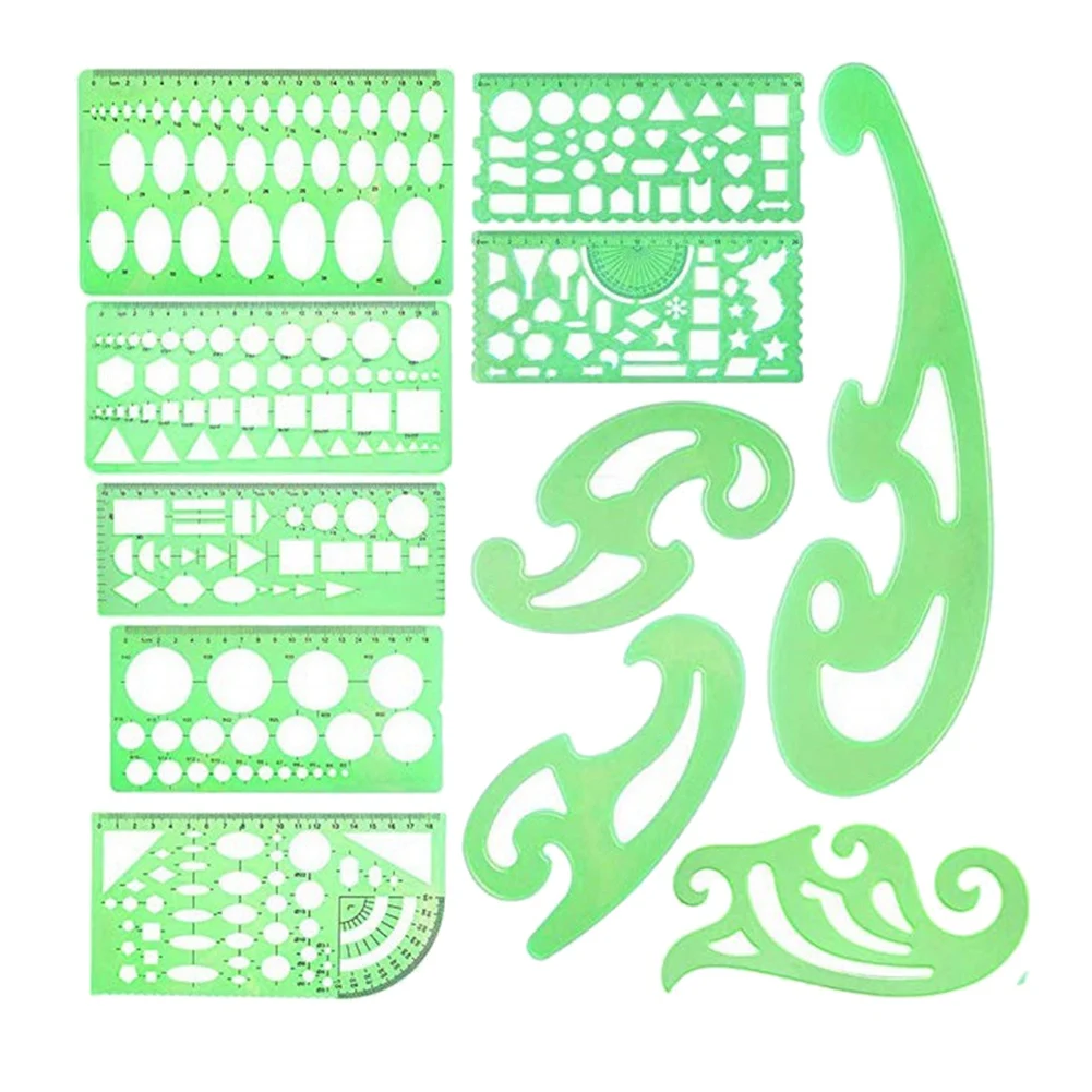 11 szt. Szablonów rysunków linijki uczą się praktycznego pomiaru wielofunkcyjnego zestawu szablonów matematycznych do geometrii