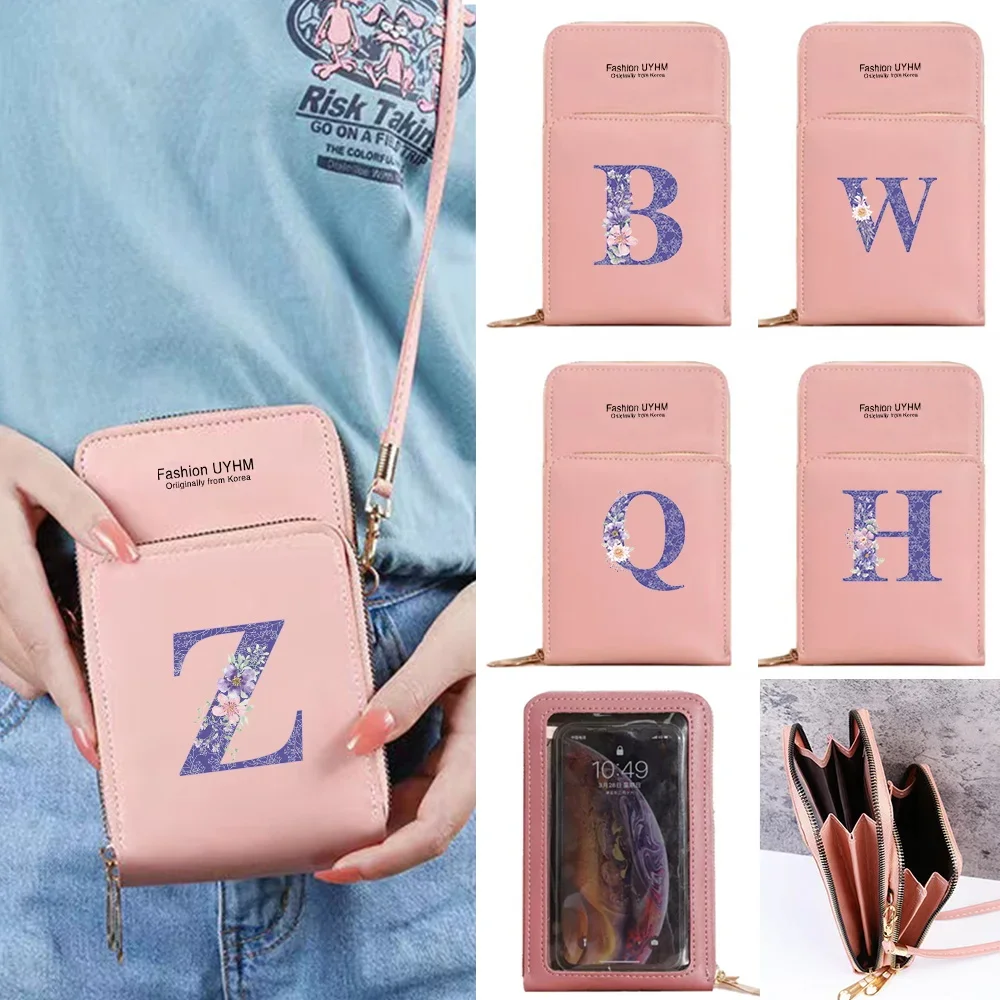 Mobile Phone Bag With Touch Screen Women Bag PU Leather Wallets Card Holder Shoulder Crossbody Pouch Purple Flower Pattern