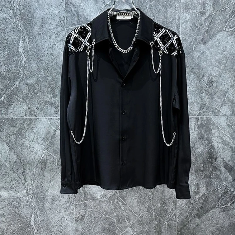 

Трендовая контрастная лоскутная блузка больших размеров, мужская весенне-осенняя новая свободная модная рубашка с длинным рукавом, топы, корейская повседневная мужская одежда