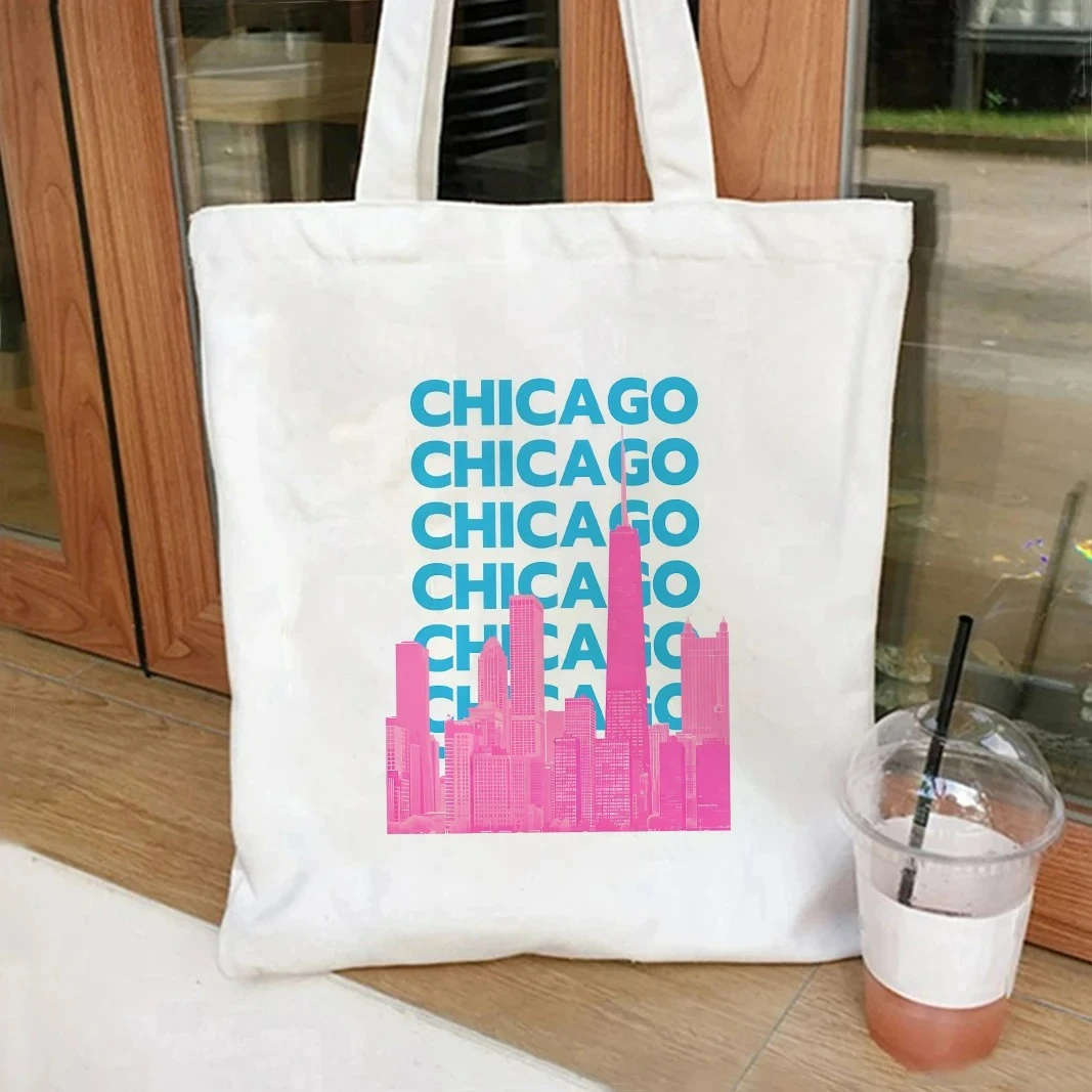 حقيبة تسوق قماشية من World City Landmarks Chicago London Eiffel Tower Graphic Tote Bag حقيبة تسوق واسعة للسفر للنساء