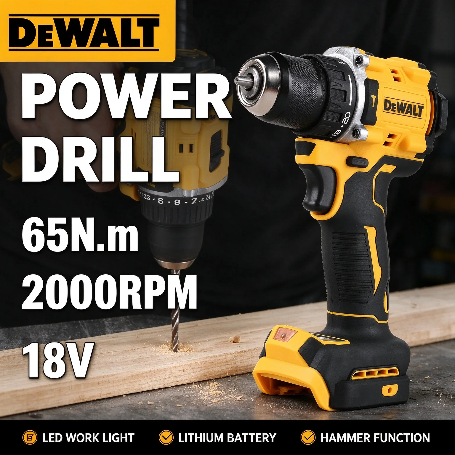 DEWALT Cordless Brushless Drill DCD805, 18V/20V MAX, 90Nm Max Torque, 2-Speed Chuck,  Multi-scene Household Workshop Power Tool