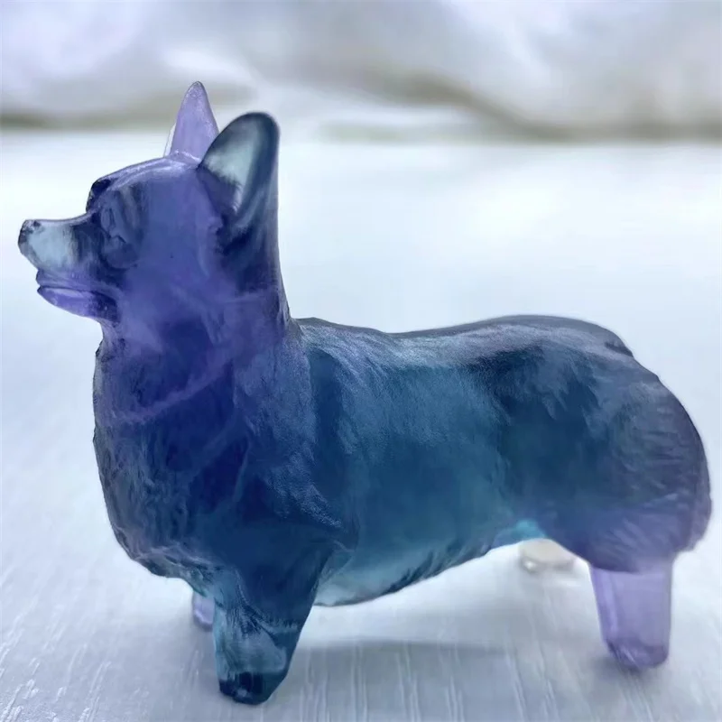 Natural Crystal Gem Carving Animal, Rainbow Fluorite, Dog Corgi, Home Decoration