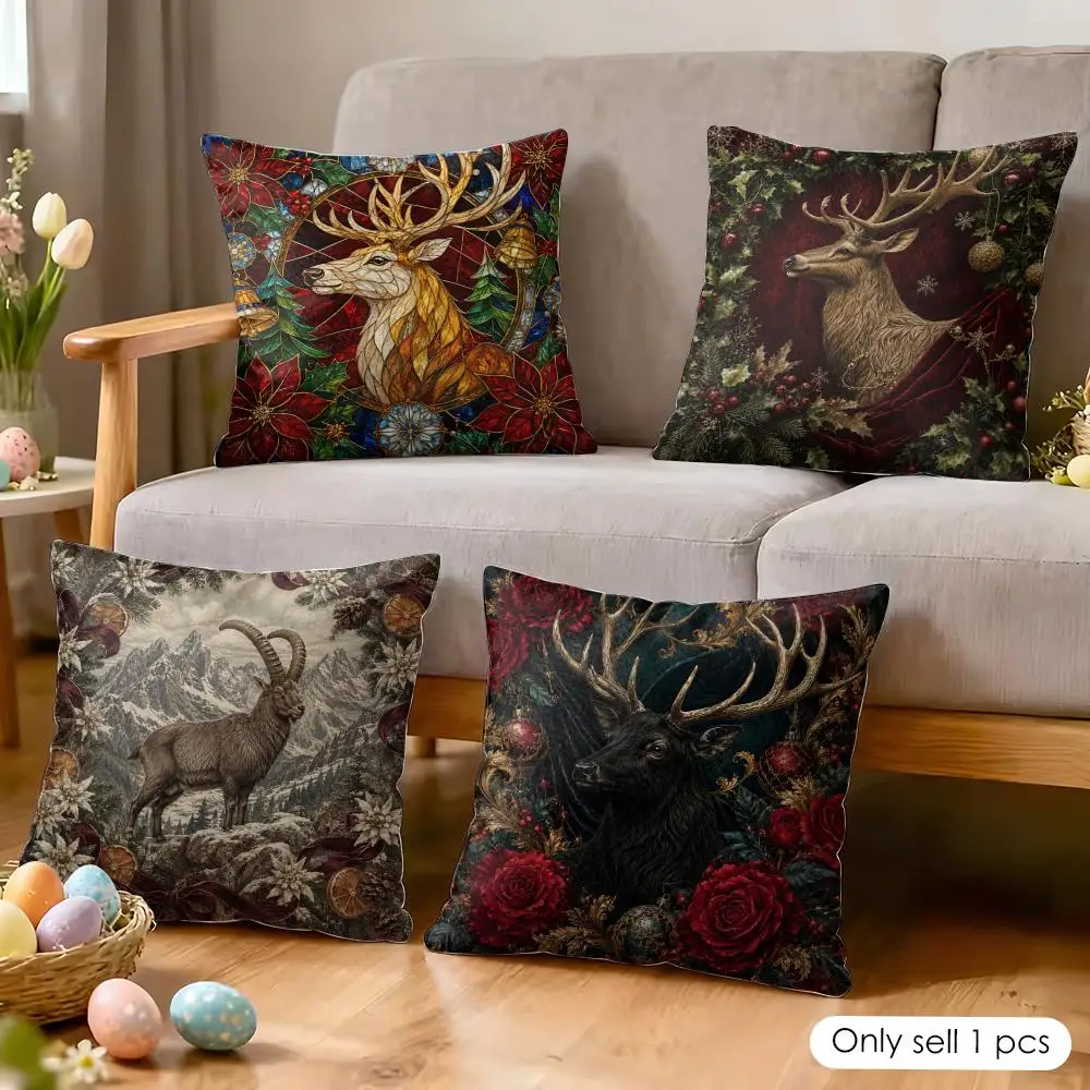 Regal Christmas Stag Cushion Cover Soft Short Plush Pillow Cover Smooth Cozy Texture Aesthetic Cushion Case Home Decor
