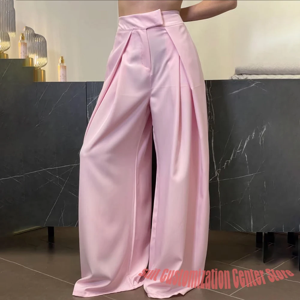 Women's Pink Satin High Waist Wide Leg Trousers Casual Loose Fit 1 Piece Pants for Office Streetwear Daily Comfortable Outfit