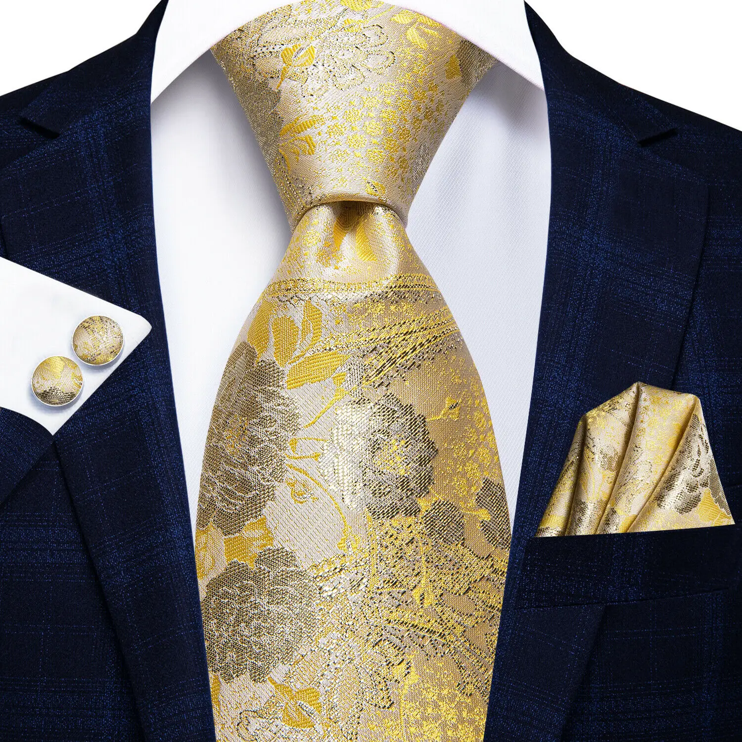Floral Herringbone Paisley Mens Tie 3 Piece Set, Matching Pocket Square Cufflinks For Formal Occasions
